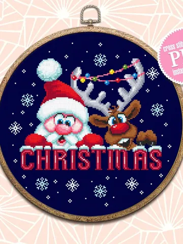 Christmas santa and reindeer cross stitch pattern download PDF Funny deer cross stitch chart, Christmas pattern digital PDF, Home decor #N64 $4.60