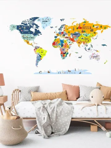 World Map Wall Decal - Kids World Map Sticker, kids room decor h80 $38.99