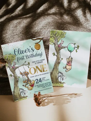 Classic Winnie Pooh Baby Birthday Invitation; Winnie Pooh Baby Birthday ; Greenery Baby Birthday; Honey Bear Birthday; Winnie Pooh wp5 $12.78