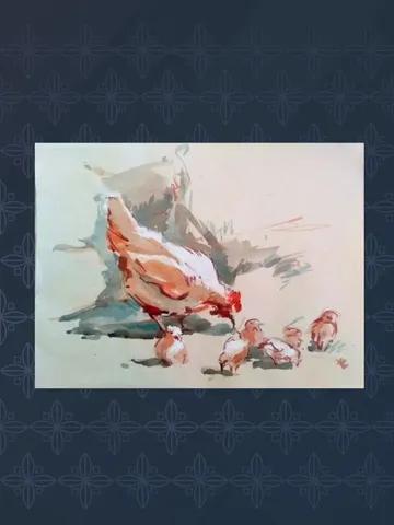 Professional original artwork. Chicken with chicks.