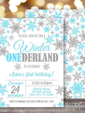 Winter Onederland Invitation Boy 1st Birthday Invitation, Winter Wonderland Birthday Invitation, Blue Silver Snowflake Editable Template $7.00