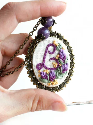 Purple personalized floral necklace for mother Monogrammed initial cursive necklace Custom big lavender pendant amethyst Meaningful mom gift
