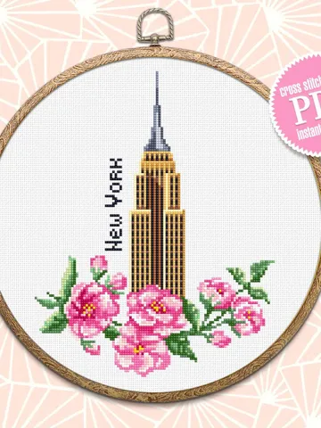 New York city cross stitch pattern download PDF Empire State Building digital Sakura flowers cross stitch chart United State pattern #E13 $4.20