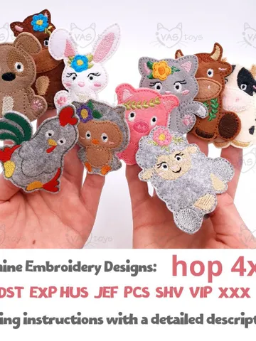 Finger Puppet Theater Farm Animals ITH Embroidery Design Set, Felt Barnyard Animals Pattern, Digital File Instant Download 4x4 $15.00