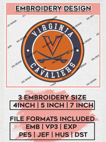 NCAA Virginia Cavaliers Round Logo Embroidery, NCAA Virginia Cavaliers Embroidery Design files, NCAA Teams, NCAA Machine embroidery designs, Digital Download