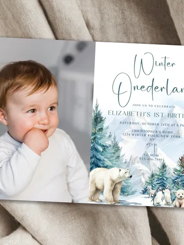 Winter Onederland 1st Birthday Invitation, Snow Woodland 1st Birthday Invite, Winter Onederland, Printable 1st Birthday Invitation - I132 $7.00