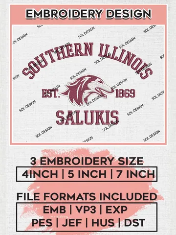Southern Illinois Salukis Est 1869 Logo Embroidery Designs, NCAA Southern Illinois Salukis Team Embroidery, NCAA Team Logo, 3 sizes, Machine embroidery Files, Digital Download $6.99