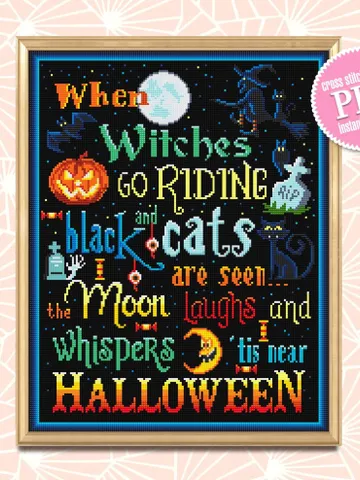 Halloween quotes cross stitch pattern download PDF Horror Halloween night cross stitch Magic xstitch chart Black witch cat embroidery #H18 $4.90