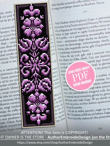 Floral ornament bookmark cross stitch pattern PDF download Modern Handmade bookmark digital PDF, Purple flowers cross stitch chart #B134 $4.40