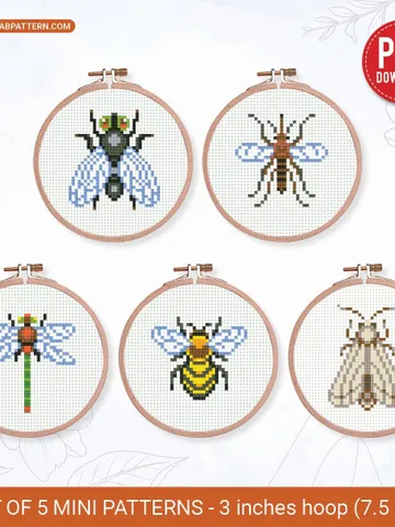Bundle mini Insects 5 Cross stitch patterns, contemporary, 3 inches, Dragonfly, beginner, modern chart, gift DIY, embroidery, instant PDF $10.00