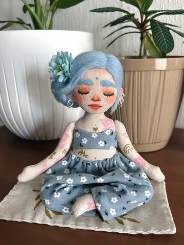 Textile doll yoga girl with blue hair and tattoo $120.00