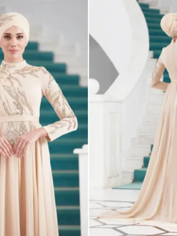 AHUNARE HIJAB - Vera Cream Chiffon Wedding Dress, Muslim Evening Gown, Nikah, Islamic Wedding, Engagement, Bridesmaid, $100.00