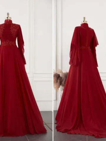 AHUNARE HIJAB - Sedef Burgundy Chiffon Embroidered Wedding Dress, Muslim Evening Gown, Nikah, Islamic Wedding, Engagement, Bridesmaid, $294.00