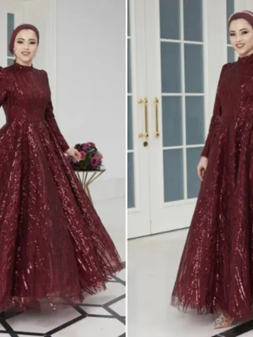 AHUNARE HIJAB - Prenses Burgundy Embroidered Wedding Dress, Muslim Evening Gown, Nikah, Islamic Wedding, Engagement, Bridesmaid, $165.00
