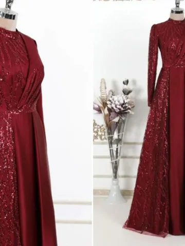 AHUNARE HIJAB - Sultan Burgundy Satin Embroiedered Wedding Dress, Muslim Evening Gown, Nikah, Islamic Wedding, Engagement, Bridesmaid, $218.00