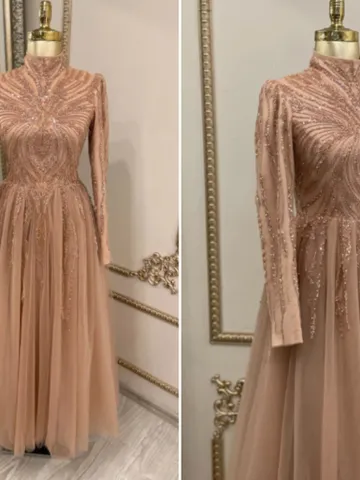 AHUNARE HIJAB - Hayal Honey Colored Tulle Embroidered Wedding Dress, Muslim Evening Gown, Nikah, Islamic Wedding, Engagement, Bridesmaid, $653.00