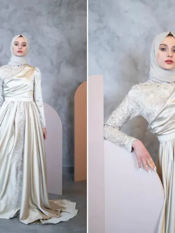 AHUNARE HIJAB - Hürrem Gold Embroidered Wedding Dress, Muslim Evening Gown, Nikah, Islamic Wedding, Engagement, Bridesmaid, $159.00