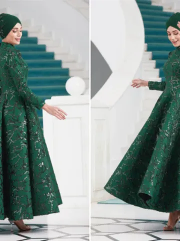 AHUNARE HIJAB - Salkım Emerald Embroidered Wedding Dress, Muslim Evening Gown, Nikah, Islamic Wedding, Engagement, Bridesmaid, $171.00