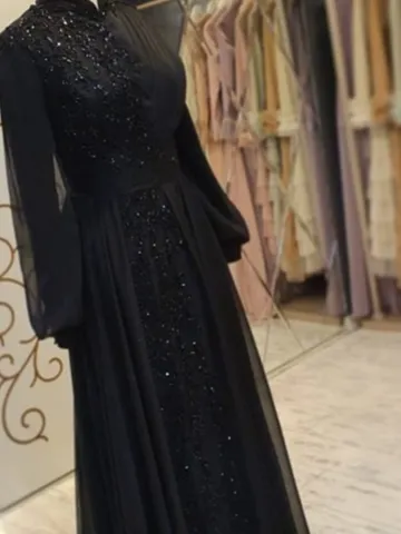 AHUNARE HIJAB - Elit Black Chiffon Tailed Wedding Dress, Muslim Evening Gown, Nikah, Islamic Wedding, Engagement, Bridesmaid, $142.00
