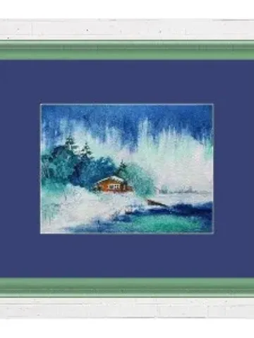 Northern lights landscape painting watercolor miniature 5 by 7.5 $35.00