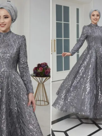AHUNARE HIJAB - Prenses Grey Embroidered Wedding Dress, Muslim Evening Gown, Nikah, Islamic Wedding, Engagement, Bridesmaid, $165.00