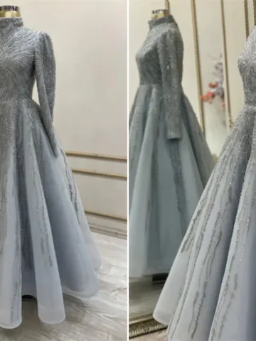 AHUNARE HIJAB - Masal Tam Daire Ice Blue Embroidered Wedding Dress, Muslim Evening Gown, Nikah, Islamic Wedding, Engagement, Bridesmaid, $700.00