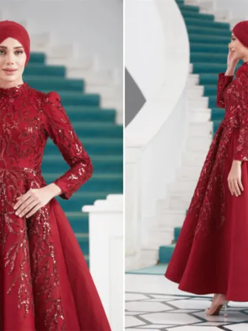 AHUNARE HIJAB - Yıldız Burgundy Embroidered Wedding Dress, Muslim Evening Gown, Nikah, Islamic Wedding, Engagement, Bridesmaid, $230.00