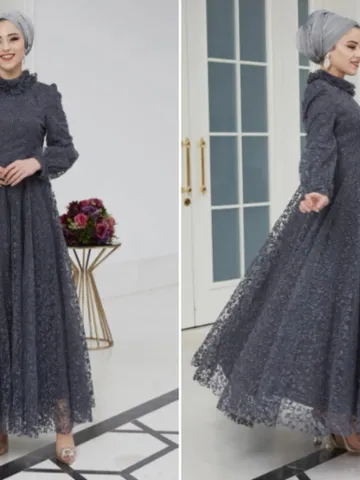 AHUNARE HIJAB - Orkide Grey Tulle Wedding Dress, Muslim Evening Gown, Nikah, Islamic Wedding, Engagement, Bridesmaid, $89.00