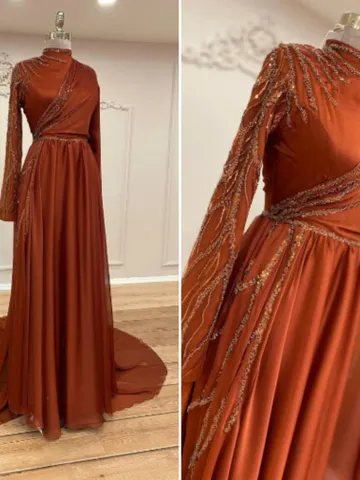 AHUNARE HIJAB - Şura Copper Tone Chiffon Tailed Wedding Dress, Muslim Evening Gown, Nikah, Islamic Wedding, Engagement, Bridesmaid, $194.00