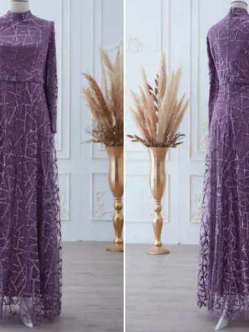 Parıltı lavander silvery embroidered Ahunare Wedding Dress, Muslim Evening Gown, Islamic Wedding, Engagement, Bridesmaid, Maxi Dress $94.00