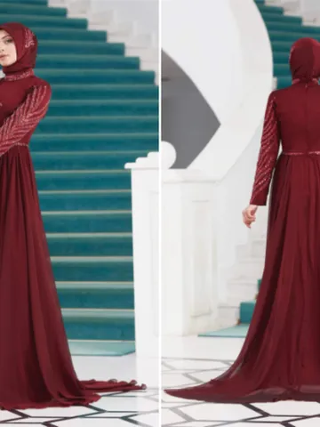 AHUNARE HIJAB - Liz Burgundry Chiffon Wedding Dress, Muslim Evening Gown, Nikah, Islamic Wedding, Engagement, Bridesmaid, $83.00