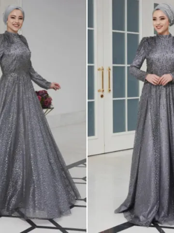 AHUNARE HIJAB - Firuze Grey Tulle Wedding Dress, Muslim Evening Gown, Nikah, Islamic Wedding, Engagement, Bridesmaid, $171.00