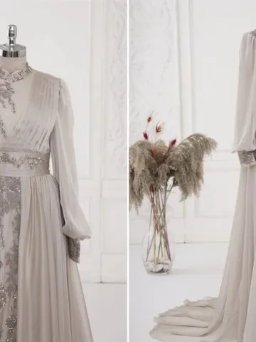 AHUNARE HIJAB - Elit Cream Chiffon Tailed Wedding Dress, Muslim Evening Gown, Nikah, Islamic Wedding, Engagement, Bridesmaid, $142.00