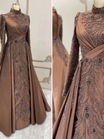 AHUNARE HIJAB - Aden Copper Color Satin Tailed Wedding Dress, Muslim Evening Gown, Nikah, Islamic Wedding, Engagement, Bridesmaid, $706.00
