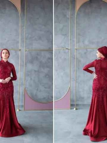 AHUNARE HIJAB - Laiya Burgundy Mermaiad Embroidered Wedding Dress, Muslim Evening Gown, Nikah, Islamic Wedding, Engagement, Bridesmaid, $191.00