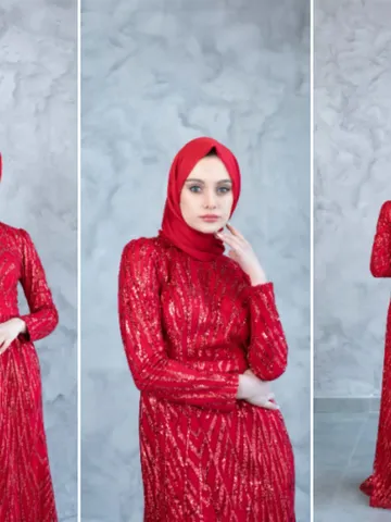 AHUNARE HIJAB - Serenay Red Embroidered Wedding Dress, Muslim Evening Gown, Nikah, Islamic Wedding, Engagement, Bridesmaid, $134.00