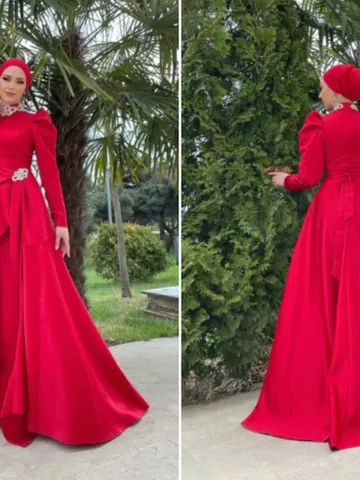 Ahsen Red Satin Tailed Embroidered Ahuanre Wedding Dress, Muslim Evening Gown, Nikah, Islamic Wedding, Engagement, Bridesmaid, $171.00