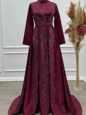 AHUNARE HIJAB - Sude Burgundy Embroidered Wedding Dress, Muslim Evening Gown, Nikah, Islamic Wedding, Engagement, Bridesmaid, $142.00