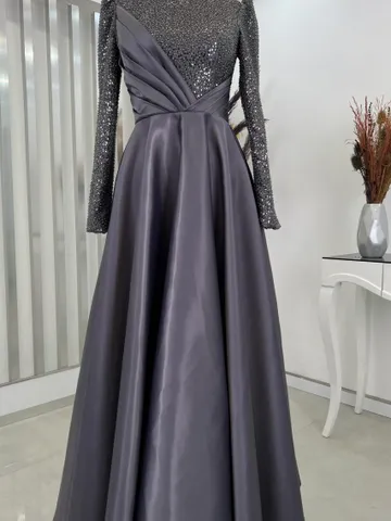 Rüya Ahunare Grey Embroidered Wedding Dress, Muslim Evening Gown, Nikah, Islamic Wedding, Engagement, Bridesmaid, Maxi Dress $191.00