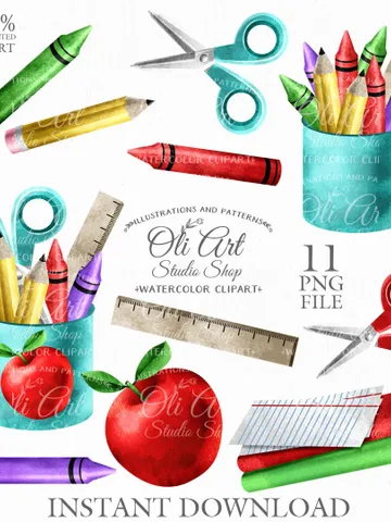 School Clip Art. Pencils, Crayons, Scissors, Book. Hand Drawn graphics. Digital Download. OliArtStudioShop $6.60