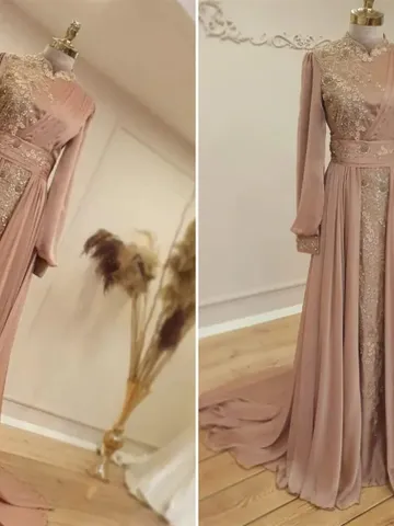 AHUNARE HIJAB - Elit Powder Chiffon Tailed Wedding Dress, Muslim Evening Gown, Nikah, Islamic Wedding, Engagement, Bridesmaid, $142.00