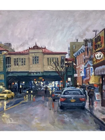 Original Bronx Oil Painting - Rainy Evening on 231st Street/NYC- 14x20 Oil on Canvas, Large Plein Air Impressionist Street Scene $950.00