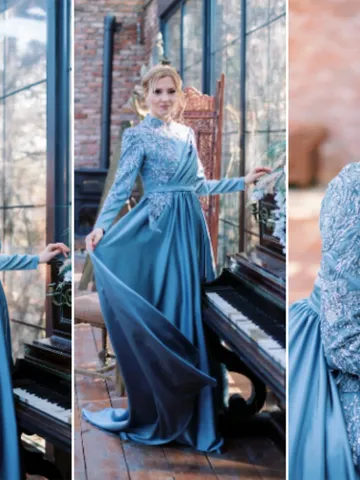 AHUNARE HIJAB - Lara Roza İndigo Satin Wedding Dress, Muslim Evening Gown, Nikah, Islamic Wedding, Engagement, Bridesmaid, $412.00