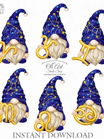 Zodiac Signs Gnome Clip Art. Cute Characters. Hand Drawn graphics. Digital Download. OliArtStudioShop $12.00