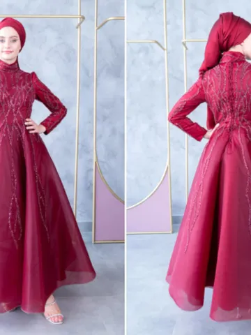 AHUNARE HIJAB - Petek Burgundy Embroidered Wedding Dress, Muslim Evening Gown, Nikah, Islamic Wedding, Engagement, Bridesmaid, $383.00