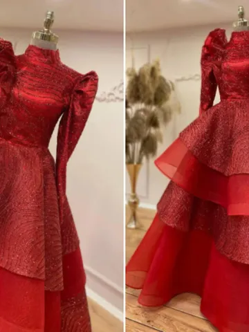 AHUNARE HIJAB - Feriha  Red Shoulder Detail Glowing Wedding Dress, Muslim Evening Gown, Nikah, Islamic Wedding, Engagement, Bridesmaid, $412.00