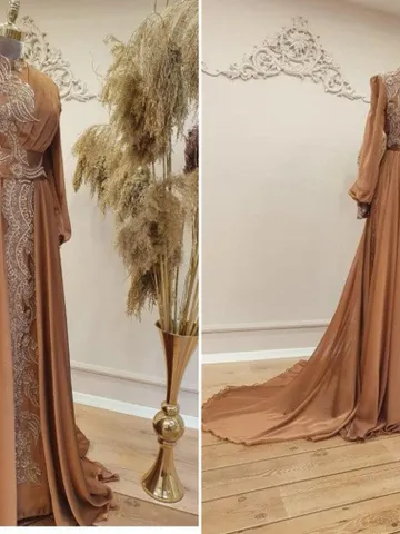 AHUNARE HIJAB - Elit Copper Chiffon Tailed Wedding Dress, Muslim Evening Gown, Nikah, Islamic Wedding, Engagement, Bridesmaid, $142.00