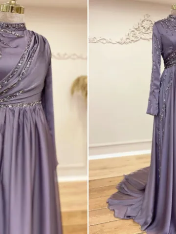 AHUNARE HIJAB - Şura Lilac Chiffon Embroidered Wedding Dress, Muslim Evening Gown, Nikah, Islamic Wedding, Engagement, Bridesmaid, $194.00