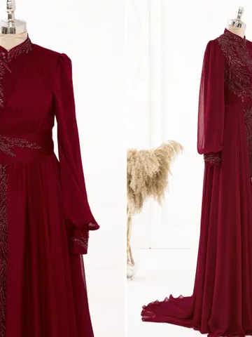 AHUNARE HIJAB - Eliz Burgundy Tulle Wedding Dress, Muslim Evening Gown, Nikah, Islamic Wedding, Engagement, Bridesmaid, $142.00