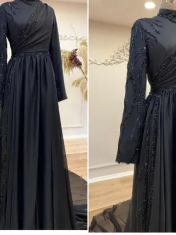 AHUNARE HIJAB - Şura Black Chiffon Embroidered Wedding Dress, Muslim Evening Gown, Nikah, Islamic Wedding, Engagement, Bridesmaid, $194.00